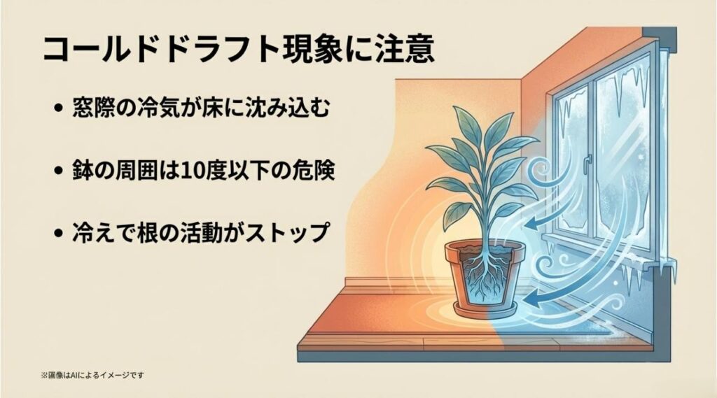 窓際から冷たい空気が床に沈み込み、植物の根の活動を止めてしまう様子を図解したスライド