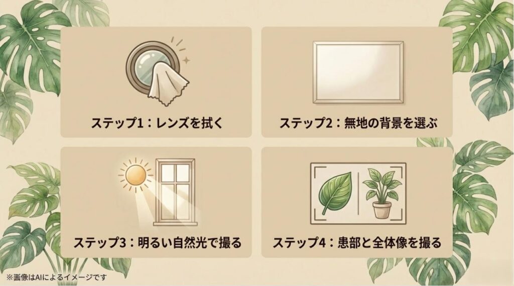 レンズを拭く、無地の背景、自然光、患部と全体の撮影という4つのコツをイラストで解説したスライド