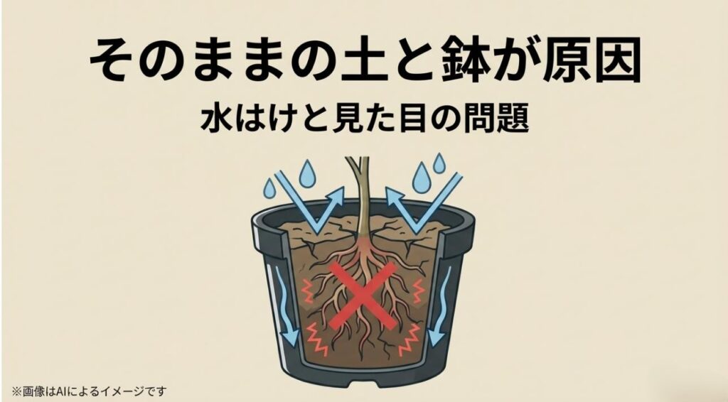 水はけが悪く根腐れを起こしやすい土の状態と、鉢の構造的な問題をバツ印で示した図解