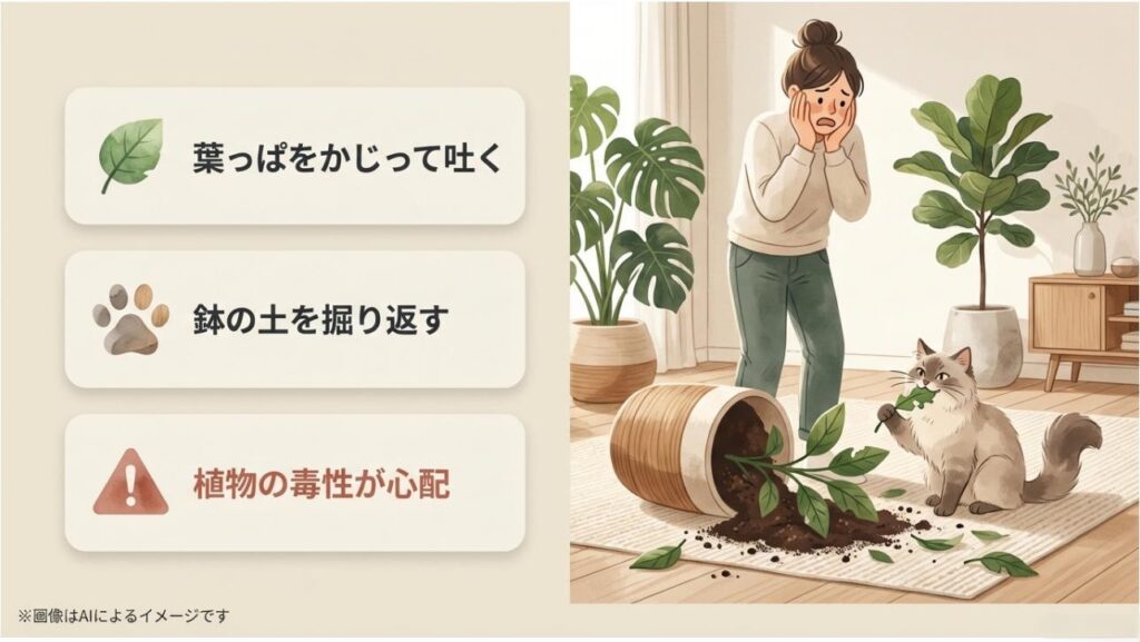 猫が葉をかじって吐いたり、鉢の土を掘り返してしまったりして、飼い主が頭を抱えて困っている様子と毒性を心配するイラスト