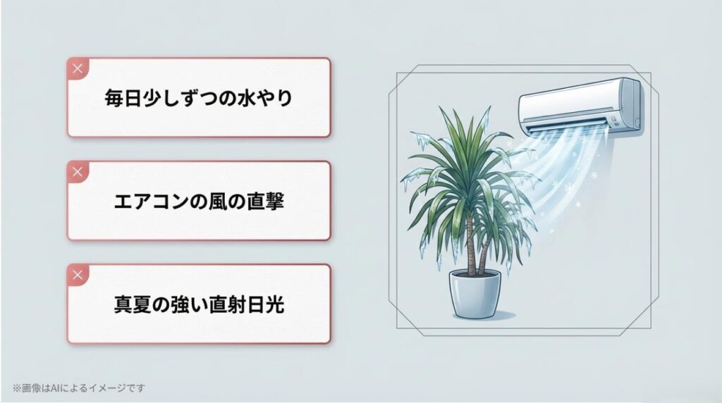 毎日少しずつの水やり、エアコンの風、真夏の直射日光というドラセナにとって危険な環境を示すイラスト