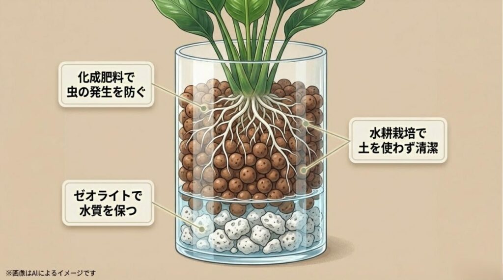 無機質の化成肥料、水質を保つゼオライト、土を使わない水耕栽培の3つのメリットをまとめたスライド