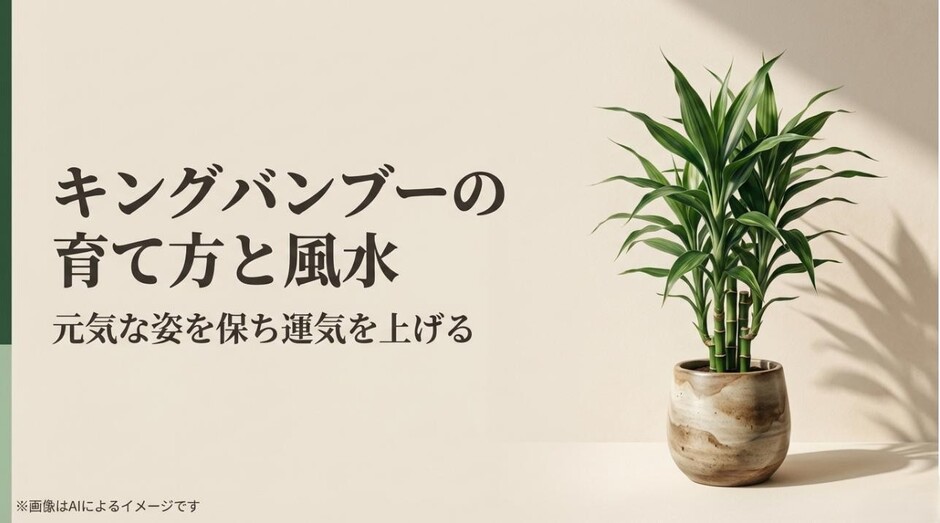 おしゃれな鉢に植えられた元気なキングバンブーの写真と、育て方・風水について解説することを伝えるタイトルのアイキャッチ画像