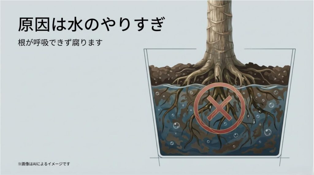 鉢の中に水が溜まり、根が酸素不足で腐食していく様子を描いた植物の断面図