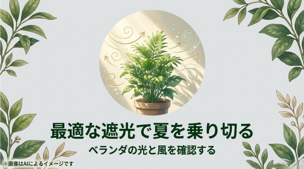 柔らかな光と心地よい風を受けながら、猛暑に負けず艶やかな葉を展開する健康的な観葉植物のイメージ