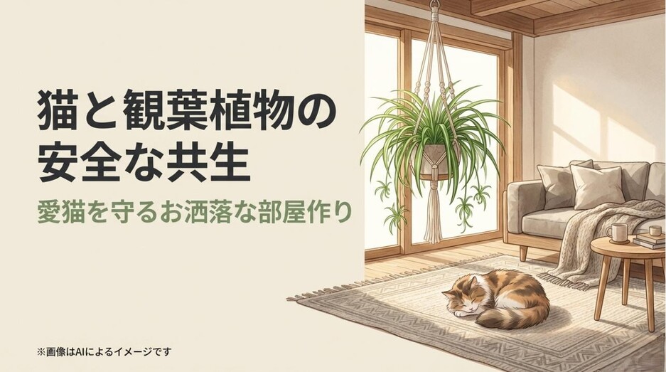 おしゃれな部屋で吊るされた観葉植物と、その下でくつろぐ猫のイラスト。猫と植物の安全な共生を伝えるタイトルのアイキャッチ画像