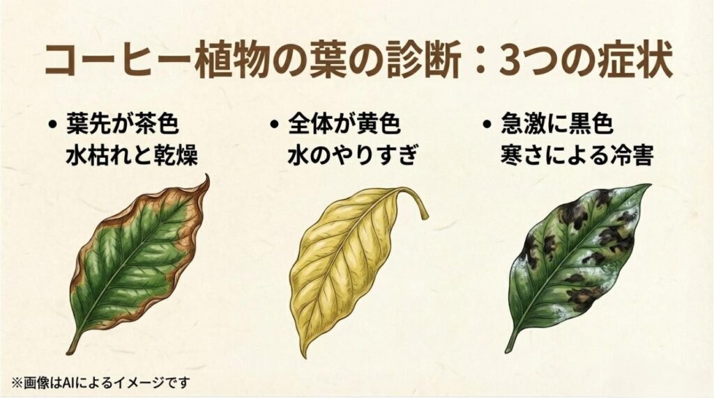 茶色の葉先（乾燥）、黄色の葉（水のやりすぎ）、黒い葉（冷害）の3パターンを比較した診断図
