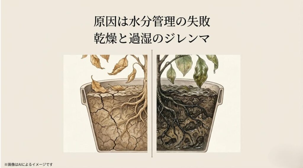 乾燥してひび割れた土の根と、水浸しで根腐れを起こした状態を比較した図解イラスト