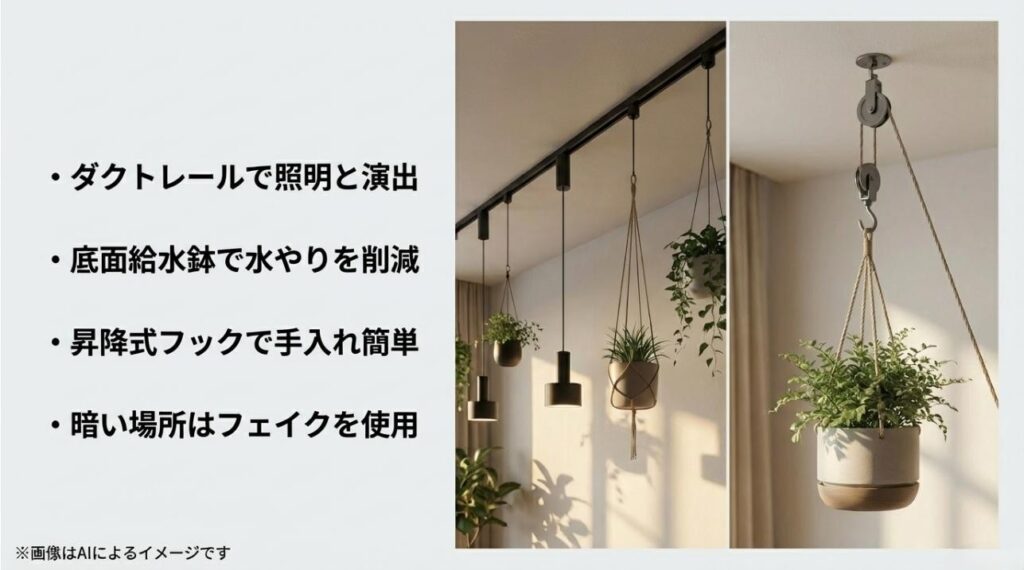 ダクトレールを活用した照明と植物の配置、昇降フックや底面給水鉢などの便利ツールの紹介