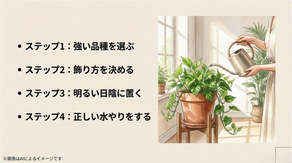 強い品種選び、飾り方の決定、明るい日陰への設置、正しい水やりを解説した4つのステップ図解