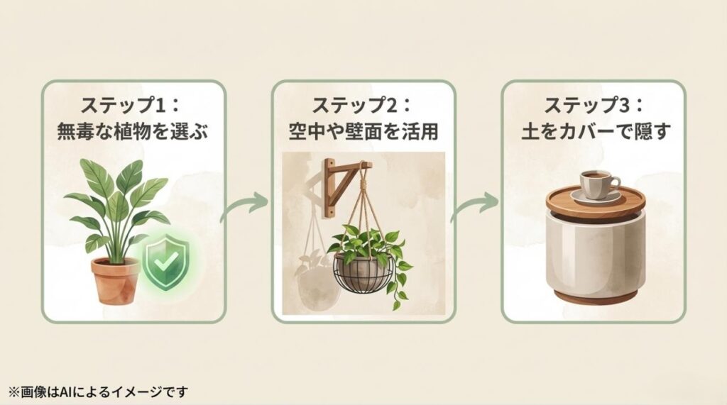 植物選び、配置の工夫、土のカバーという、安全な環境づくりのための具体的な3つの手順をまとめたスライド