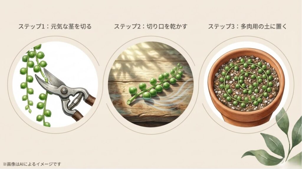 茎をカットし、切り口を乾かし、多肉用の土に置くという挿し木の3工程を解説した図解