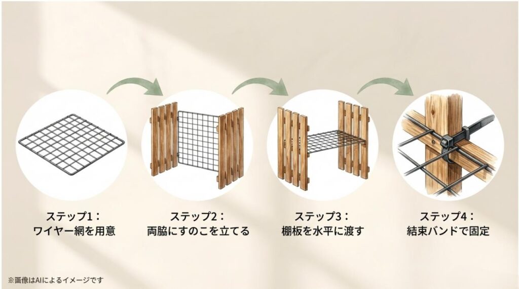 ワイヤー網の準備、すのこを立てる、棚板を渡す、結束バンドで固定するという4つのDIY手順