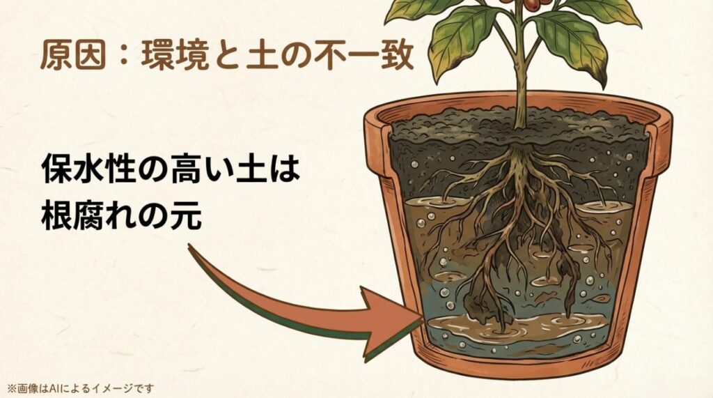 鉢の中で根が腐っている様子と、保水性が高すぎる土が根腐れの原因であることを説明する図解