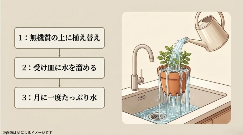 無機質の土、受け皿給水、月1回のフラッシングという、枯らさないための3つの手順を解説したイラスト