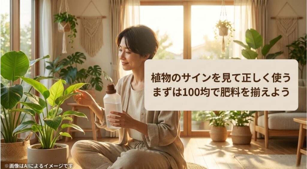 植物のサインを観察し、まずは100均で肥料を揃えることを提案するまとめのスライド