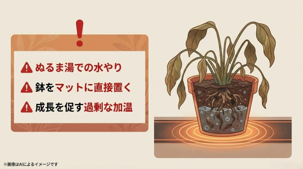ぬるま湯の水やり、直接配置、過剰な加温という、植物を傷めるリスクのある行為をまとめた注意喚起スライド