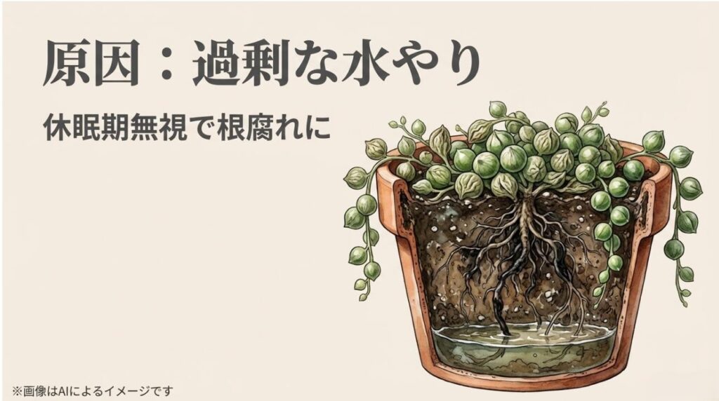鉢の底に水が溜まり、休眠期を無視した水やりで根が腐ってしまっている様子を描いた断面図