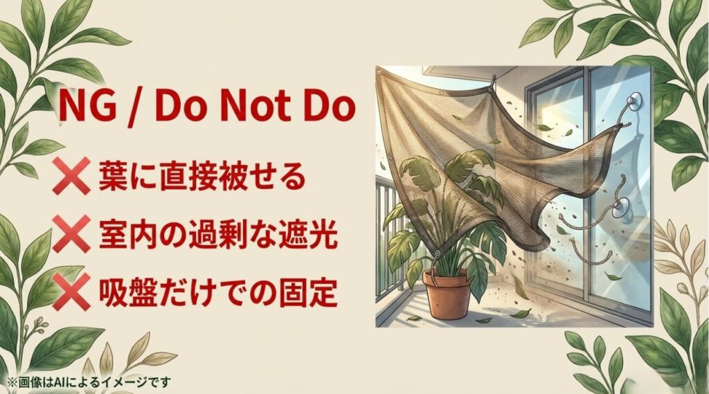 ネットを直接植物に被せて蒸れる様子や、吸盤が外れてネットが風で飛ばされる危険な設置方法のNG例