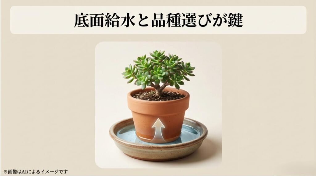 鉢の底から水を吸い上げる底面給水のイメージと、成功のために品種選びが重要であることを示すスライド