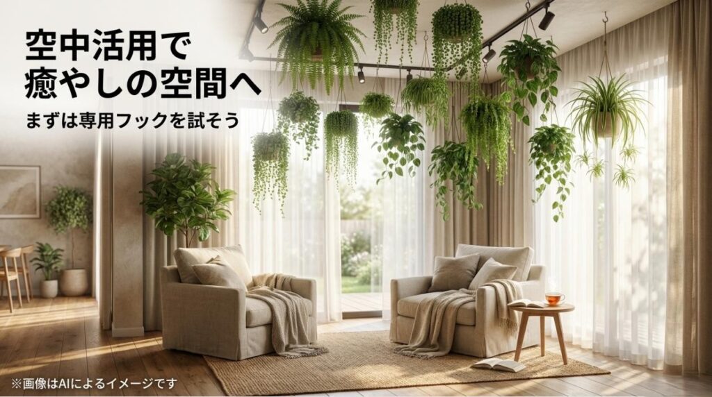 吊るす観葉植物を取り入れることで部屋が最高の癒やし空間に変わることを伝える結びのスライド