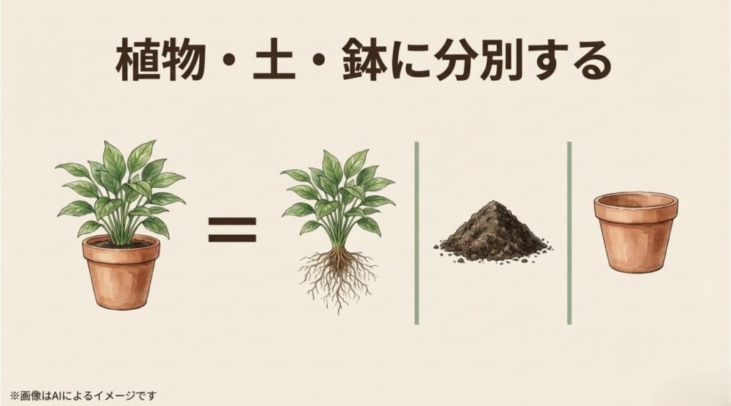 鉢植えの状態から、植物本体、土、鉢の3つに分解して分別する必要性を示した図解