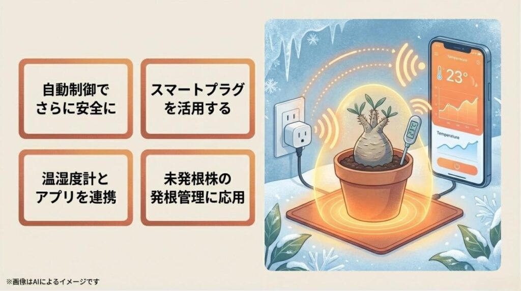 スマホアプリと連携した温度管理のイメージと、未発根株の管理に有効であることを示すスライド