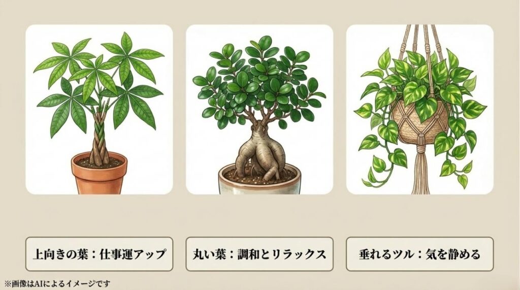 パキラ、ガジュマル、ポトスを例に、葉の形状がもたらす運気アップの効果を解説した図解スライド