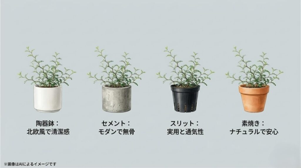陶器、セメント、スリット、素焼きの4つの異なる鉢に植えられたリトルベイビーの比較イメージ