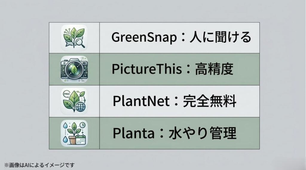 GreenSnap、PictureThis、PlantNet、Plantaの4つのアプリについて、AI精度やコミュニティの有無を比較した表