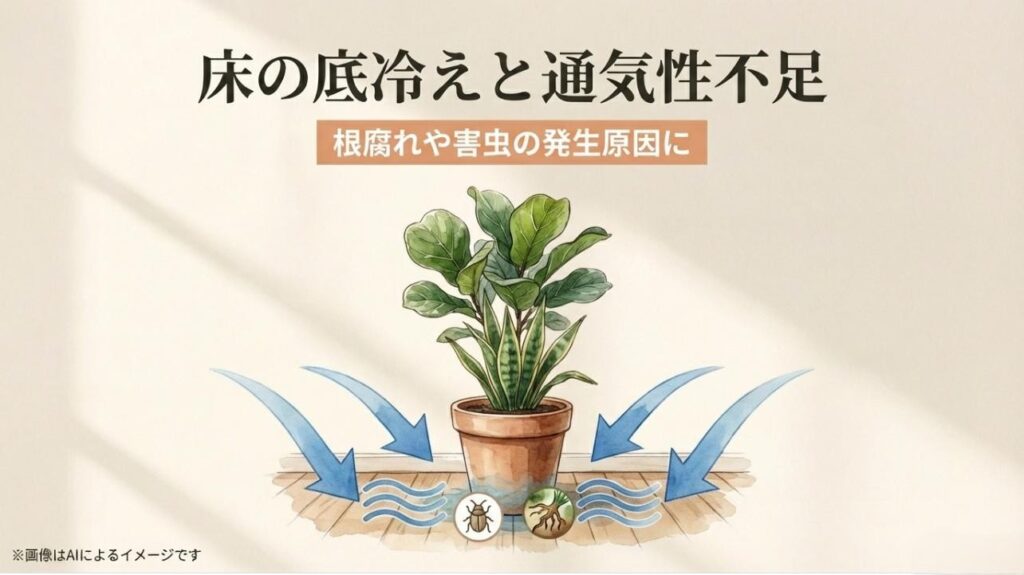 床の冷気と通気不足が根腐れや害虫の原因になることを示す、鉢植えと空気の流れのイラスト