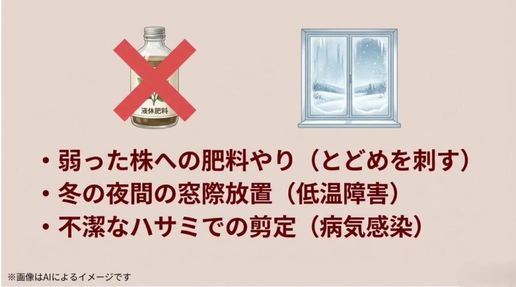 肥料の禁止、冬の窓際放置、不潔なハサミの使用など、植物が弱っている時に避けるべき行動のまとめ