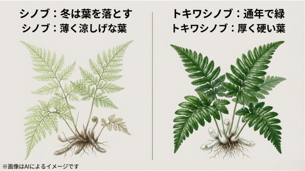冬に葉を落とすシノブと通年緑のトキワシノブの、葉の質感や根茎の違いを比較した解説イラスト