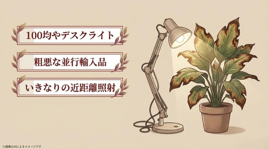 デスクライトを近づけすぎて葉焼けを起こしてしまった観葉植物のイラストと警告