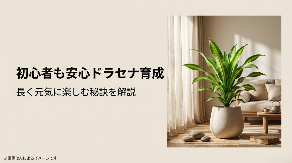 おしゃれなリビングに置かれたドラセナの鉢植えと、長く元気に楽しむ秘訣を解説するアイキャッチ画像