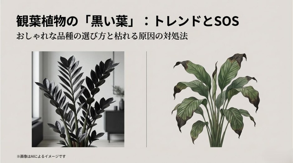 漆黒の葉が美しいザミオクルカス・レイヴンの写真とともに、黒い葉の魅力とトラブル対処法を紹介する記事のアイキャッチ画像