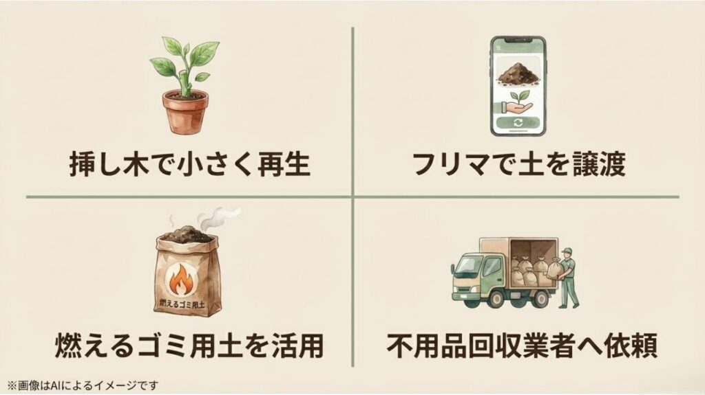 挿し木での再生、フリマでの譲渡、燃えるゴミ用土の活用、不用品回収業者への依頼をまとめたイラスト