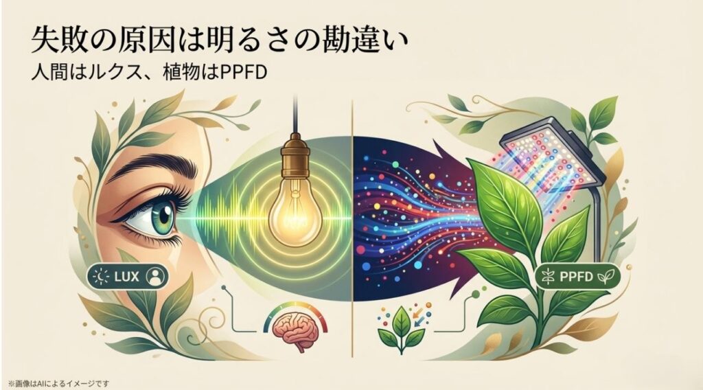 人間の目が感じる明るさと、植物が光合成に利用する光の粒（PPFD）の違いを対比させた解説図