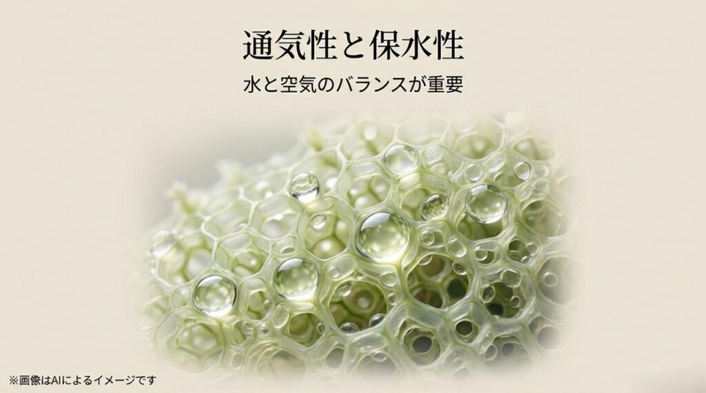 水苔の細胞構造を模したイメージ図と、水と空気の絶妙なバランスが重要であることを説明するスライド