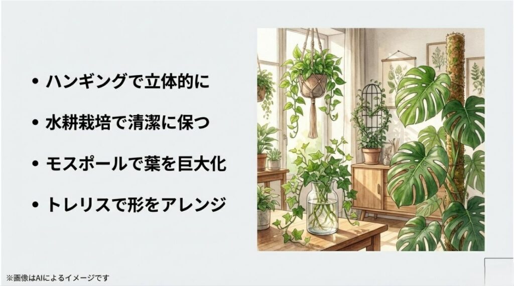 ハンギング、清潔な水耕栽培、巨大化させるモスポール、形を整えるトレリスの4つの飾り方まとめ