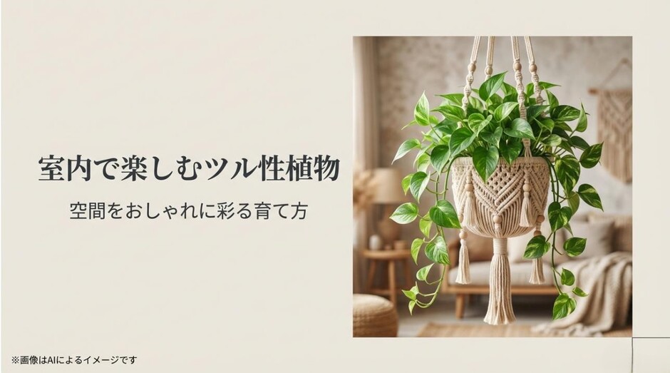 おしゃれなマクラメハンギングに飾られたポトスと、ナチュラルな室内インテリアのアイキャッチ画像