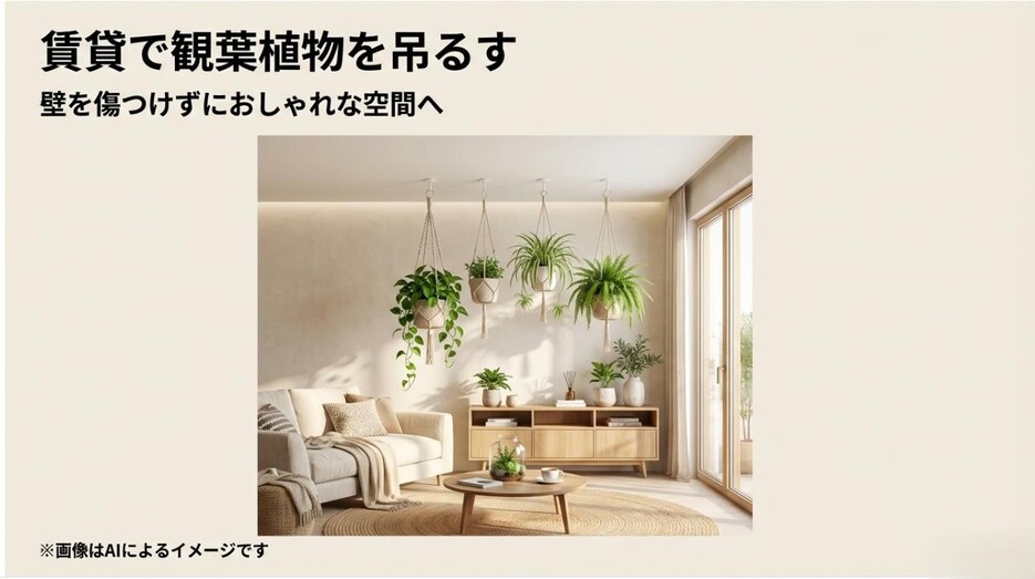 天井から複数の観葉植物がおしゃれに吊るされた、賃貸でも可能なインテリアのイメージ