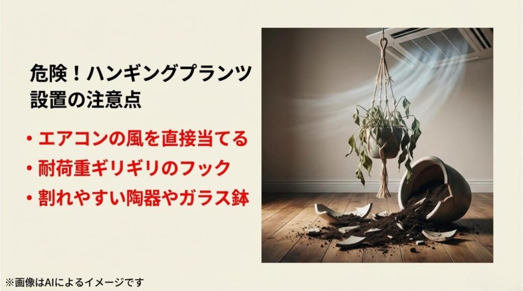 鉢が落下して割れたイメージと、エアコンの風や耐荷重不足、重い鉢の使用などの警告事項