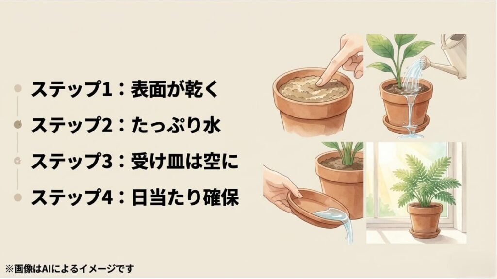土の表面の乾燥確認、水やり、受け皿の処理、日当たりの確保という4つの管理手順を説明するイラスト