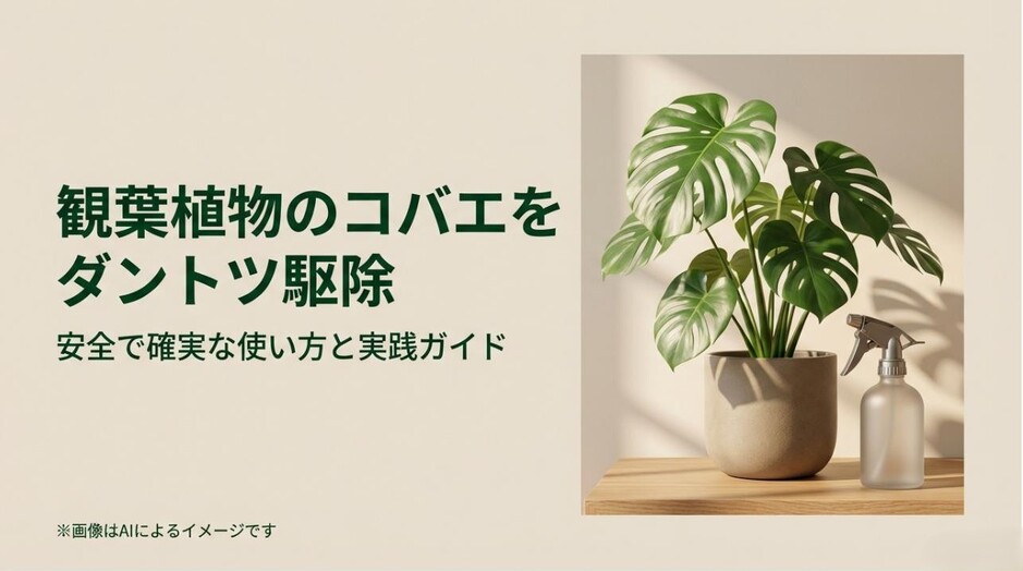 清潔感のある部屋に置かれたモンステラと、ダントツ水溶剤によるコバエ駆除の表紙イメージ