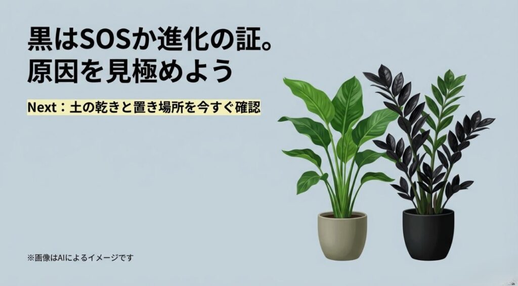 緑の植物と黒の植物を比較し、土の乾きや置き場所の確認を促すまとめのスライド