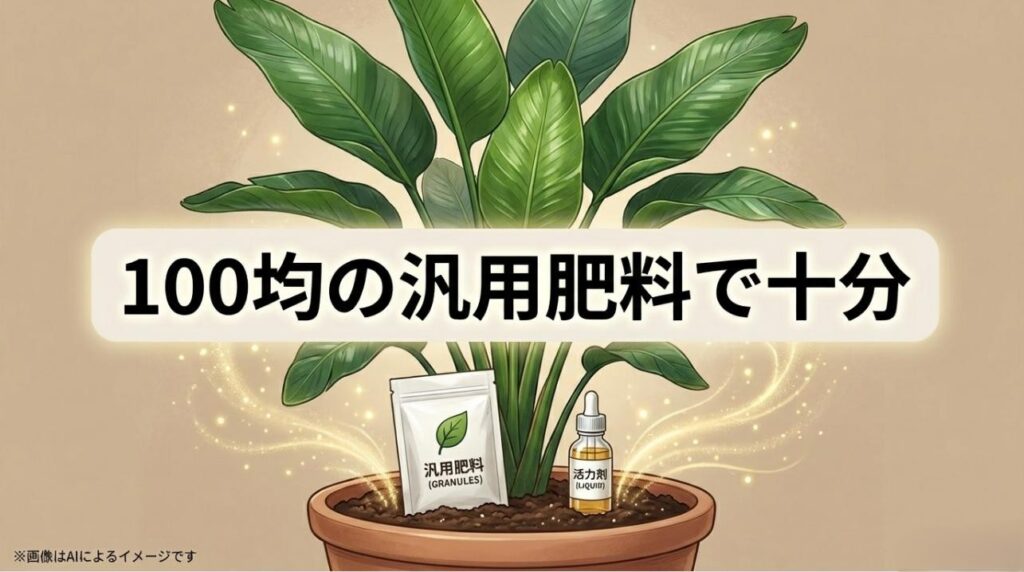 100均で販売されている粒状の汎用肥料と、ボトル型の活力剤のイメージ図