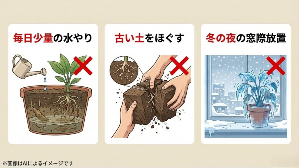 毎日の不適切な水やり、根を傷める土ほぐし、冬の過酷な窓際に置くことを禁止する警告マーク付きのイラスト