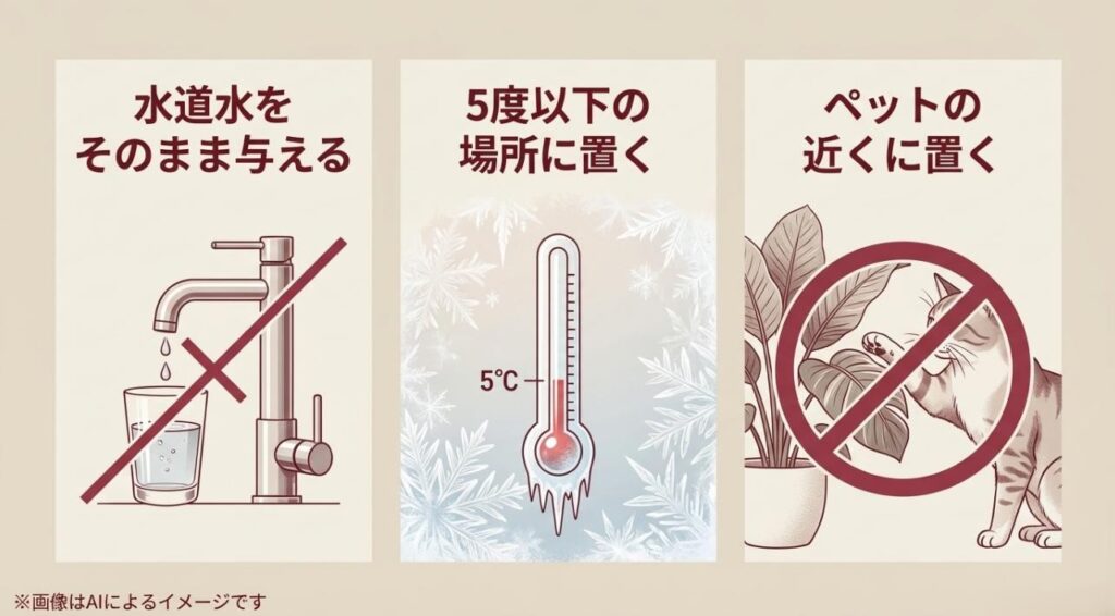 水道水をそのまま与える、5度以下に置く、ペットの近くに置くという3つの禁止事項にバツ印がついたスライド