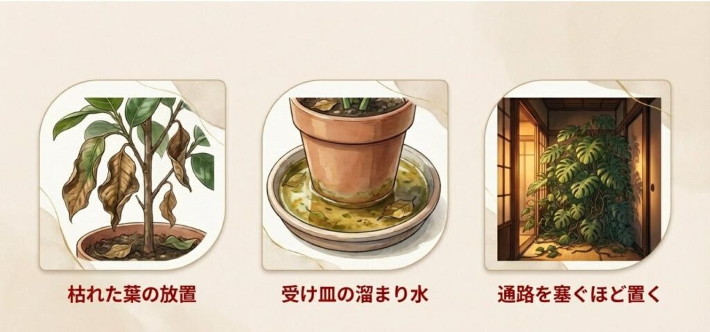 枯れた葉の放置、受け皿の溜まり水、通路を塞ぐほど置かれた植物の3つの悪い例
